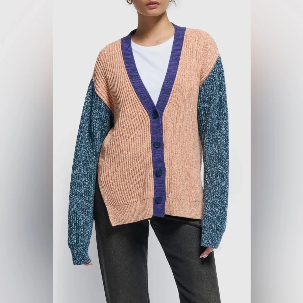 Nation LTD Sadie Colorblock Pheasant Marled Cotton Cardigan Sweater Small NEW